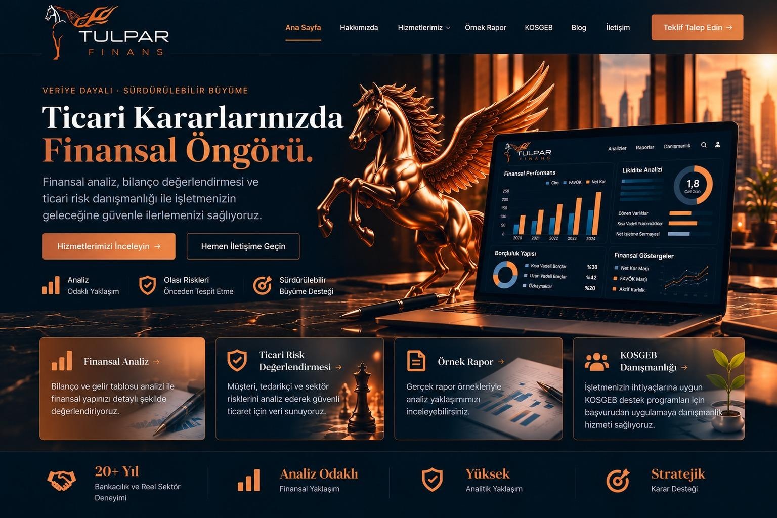TULPAR FİNANS onaylı ana sayfa: bakır tonlu kanatlı at, finansal analiz ekranı, hizmetler ve kurumsal menü